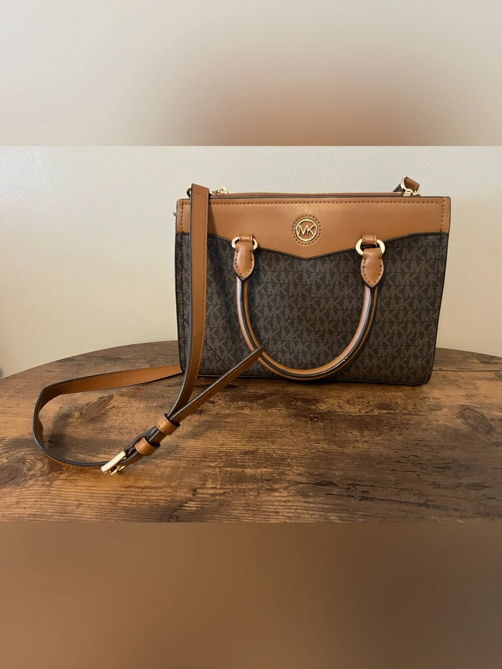 Michael Kors Brown and Tan Logo Crossbody Satchel